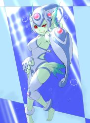 Rule 34 | 1girl, artist request, bare shoulders, barefoot, breasts, clothing cutout, colored skin, curvy, digimon, digimon (creature), digimon frontier, facial mark, fish girl, full body, green skin, hand on own hip, helmet, highres, licking, looking at viewer, naughty face, navel cutout, no humans, one-piece swimsuit, open mouth, ranamon, red eyes, shiny skin, smile, solo, swimsuit, toes, underwater, water