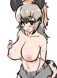 Rule 34 | 1girl, akaisuto, animal ears, arm behind back, black eyes, black hair, blush, breasts, bright pupils, brown hair, collarbone, extra ears, grey hair, hand on own chest, hand up, highleg, highleg panties, highres, hyena ears, hyena girl, hyena tail, kemono friends, large breasts, long hair, looking at viewer, multicolored hair, navel, nipples, panties, panty straps, parted bangs, parted lips, shorts, sidelocks, simple background, sketch, smile, solo, spotted hyena (kemono friends), stomach, sweat, tail, topless, underwear, white background, white pupils