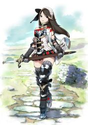 Rule 34 | 1girl, agnes oblige, alternate costume, armor, armored boots, boots, bravely default: flying fairy, bravely default (series), brown hair, gauntlets, gloves, greaves, holding, holding weapon, pantaloons, shield, shin guards, solo, source request, sword, thighhighs, weapon, yoshida akihiko, zettai ryouiki