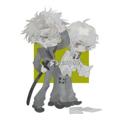 Rule 34 | 2boys, ahoge, asymmetrical bangs, belt, belt buckle, black belt, black footwear, black necktie, bow, buckle, buttons, chibi, closed mouth, collared shirt, commission, ear piercing, eyepatch, footwear bow, green background, grey eyes, grey jacket, grey pants, grey shirt, greyscale with colored background, grin, hand on own head, highres, holding, holding paper, holding sword, holding weapon, jacket, katana, kissingbrig, leg belt, light frown, long sleeves, male focus, medical eyepatch, messy hair, multiple boys, necktie, one-eyed, original, pants, paper, paper stack, parted bangs, piercing, purple eyes, sample watermark, sheath, sheathed, shirt, shoes, short hair with long locks, smile, sneakers, spot color, sword, two-tone background, v, watermark, weapon, white background, white bow, white hair, white shirt