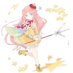 Rule 34 | 1girl, atelier (series), atelier meruru, blue eyes, bow, cape, crown, female focus, flower, half updo, long hair, merurulince rede arls, multicolored clothes, ost, pink hair, red bow, skirt, smile, solo, staff, star (symbol), yellow skirt