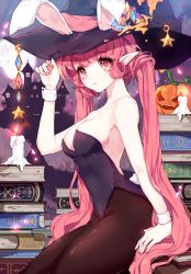 Rule 34 | 1girl, animal ears, arm support, bad id, bad pixiv id, bare shoulders, book, breasts, candle, castle, cleavage, ears through headwear, fake animal ears, harin 0, hat, jack-o&#039;-lantern, leotard, long hair, nail polish, original, pantyhose, pink eyes, pink hair, playboy bunny, playboy bunny, pointy ears, rabbit ears, rabbit tail, sideboob, smile, solo, tail, twintails, very long hair, witch hat, wrist cuffs