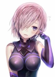 Rule 34 | 1girl, ?, bad id, bad twitter id, black gloves, blush, breasts, elbow gloves, fate/grand order, fate (series), flying sweatdrops, gloves, hair over one eye, hand up, looking to the side, mash kyrielight, medium breasts, opopowa, parted lips, pink hair, purple eyes, purple gloves, short hair, simple background, solo, white background