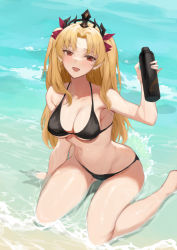 Rule 34 | 1girl, :d, absurdres, beach, bikini, black bikini, blonde hair, blush, bottle, breasts, cleavage, earrings, ereshkigal (fate), fate/grand order, fate (series), gold earrings, hair ribbon, hand up, highres, holding, holding bottle, jewelry, long hair, looking at viewer, medium breasts, molyb, navel, open mouth, red eyes, red ribbon, ribbon, sand, sitting, smile, soaking feet, solo, stomach, swimsuit, tiara, two side up, wariza, water