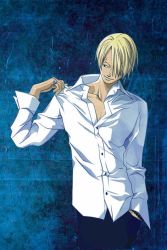 Rule 34 | 1boy, blonde hair, bracelet, collared shirt, hair over one eye, hand in pocket, jewelry, long sleeves, male focus, one piece, ring, sanji (one piece), shirt, solo, white shirt