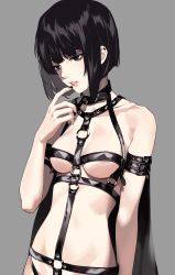 Rule 34 | 1girl, absurdres, bdsm, belt, black eyes, black hair, black nails, bob cut, bondage outfit, breasts, cape, collar, collarbone, comeo (komeo15), crossed belts, ear piercing, finger to mouth, grey background, hand up, harness, highres, looking away, medium breasts, multiple belts, nail polish, original, parted lips, piercing, revealing clothes, short hair, sidelocks, simple background, slave, solo, too many, too many belts, upper body