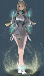 Rule 34 | 1girl, absurdres, armor, blonde hair, breasts, cleavage cutout, clothing cutout, dark background, dress, elbow gloves, frown, gem, gloves, glowing, glowing armor, glowing jewelry, highres, jewelry, large breasts, long hair, mythra (xenoblade), parted bangs, sail (sail-away), short dress, shoulder armor, standing, thigh strap, tiara, white dress, white gloves, xenoblade chronicles (series), xenoblade chronicles 2, yellow eyes