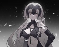 Rule 34 | 1girl, bare shoulders, breasts, chain, clothing cutout, detached sleeves, dress, fate/grand order, fate (series), fur-trimmed sleeves, fur trim, grey eyes, grin, hand on own hip, headpiece, highres, jeanne d&#039;arc alter (avenger) (fate), jeanne d&#039;arc alter (avenger) (third ascension) (fate), jeanne d&#039;arc alter (fate), long hair, looking at viewer, medium breasts, navel, rcs 4, smile, solo, stomach, stomach cutout, very long hair, white hair