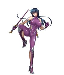 Rule 34 | 1girl, aqua eyes, bare shoulders, blue hair, bodysuit, breasts, clenched hand, elbow gloves, fishnets, full body, gloves, highres, holding, holding sword, holding weapon, igawa asagi, impossible bodysuit, impossible clothes, kagami hirotaka, katana, large breasts, leg up, lilith-soft, long hair, looking at viewer, official art, parted lips, reverse grip, shiny clothes, shiny skin, simple background, skin tight, sleeveless, solo, standing, standing on one leg, sword, taimanin (series), taimanin asagi, thighhighs, weapon, white background