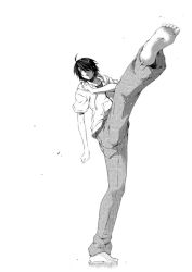 Rule 34 | 1boy, araragi koyomi, barefoot, greyscale, kouji (campus life), male focus, monochrome, monogatari (series), solo