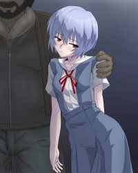 Rule 34 | 1boy, 1girl, age difference, ayanami rei, blue hair, dress, fat, fat man, highres, homeless, keny, neon genesis evangelion, red eyes, school uniform, short hair, size difference, solo focus, ugly man