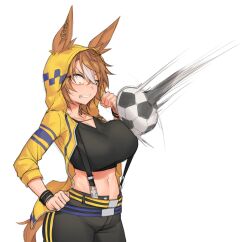 Rule 34 | 1girl, alternate breast size, animal ears, ball, belt, black pants, black shirt, breasts, brown hair, clenched hands, clenched teeth, constricted pupils, crop top, dictus striker, ears through headwear, fukuro (maruaru00), highres, hood, hood up, hooded jacket, horse ears, jacket, large breasts, long sleeves, midriff, multicolored hair, navel, open clothes, open jacket, pants, shirt, short hair, simple background, soccer ball, solo, speed lines, streaked hair, suspenders, sweatdrop, teeth, umamusume, umamusume: cinderella gray, upper body, v-neck, white background, wristband