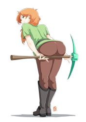 Rule 34 | 1girl, alex (minecraft), ass, ass support, automatic giraffe, blouse, boots, braid, dated, from behind, green shirt, leaning, leaning forward, long hair, looking at viewer, orange hair, pants, pickaxe, red eyes, shiny clothes, shirt, simple background, smile, solo