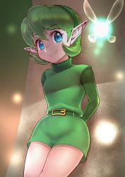 Rule 34 | 1girl, arms behind back, belt, belt buckle, blue eyes, buckle, cowboy shot, fairy, fukadumeasadume, green hair, hairband, highres, leaning, leaning on object, looking at viewer, looking down, nintendo, pointy ears, saria (zelda), shaded face, shorts, smile, solo, sweater, the legend of zelda, the legend of zelda: ocarina of time, turtleneck, turtleneck sweater