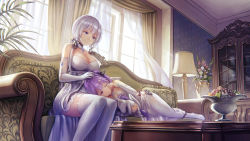 Rule 34 | 2girls, anbe yoshirou, azur lane, blue eyes, breasts, cleavage, couch, cupboard, curtains, dress, elbow gloves, gloves, highres, illustrious (azur lane), lampshade, lap pillow, large breasts, lying, md5 mismatch, mole, mole under eye, multiple girls, on side, resolution mismatch, source larger, stuffed animal, stuffed toy, stuffed winged unicorn, thighhighs, unicorn (azur lane), white hair, white legwear, window