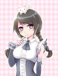Rule 34 | 1girl, aisha, animal, animal on head, black hair, braid, cat, cat on head, dress, elsword, finger to mouth, heart, heart-shaped pupils, highres, kumataro, maid, on head, smile, symbol-shaped pupils, tail, tail wagging, twin braids