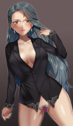 Rule 34 | 10s, 1girl, bad id, bad pixiv id, bikini, bikini under clothes, blush, breasts, breasts apart, brown eyes, cameltoe, cleavage, earrings, female pubic hair, formal, grey hair, jewelry, large breasts, long hair, looking at viewer, nail polish, niijima sae, no pants, nt00, parted lips, persona, persona 5, pubic hair, purple nails, simple background, suit, swimsuit, thigh gap, thong, thong bikini