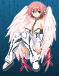 Rule 34 | 1girl, bare shoulders, between breasts, breasts, chain between breasts, chain, collar, green eyes, ikaros, leash, solo, sora no otoshimono, t2r, thighhighs, wings