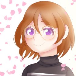 Rule 34 | 1girl, absurdres, artist name, artist request, black sweater, blush, breasts, brown hair, close-up, female focus, floating hair, glasses, hair between eyes, highres, koizumi hanayo, long sleeves, looking at viewer, love live!, love live! school idol festival, love live! school idol project, parted lips, petals, pink petals, purple eyes, short hair, smile, solo, sweater, upper body, white background