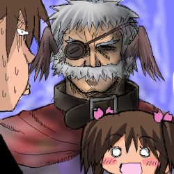 Rule 34 | 1girl, 2boys, bad id, bad link, blush stickers, bow, brown hair, eyepatch, facial hair, grey hair, hair bow, kouno takaaki, lowres, multiple boys, mustache, nakamura hisashi, old, old man, open mouth, pink bow, short twintails, sweat, nervous sweating, to heart (series), to heart 2, twintails, yuzuhara konomi