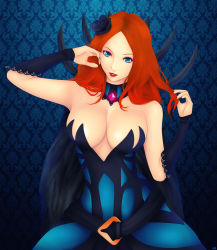 Rule 34 | 1girl, belt, blue eyes, breasts, cape, empath, empath (hon), feathers, flower, hair ornament, heroes of newerth, highres, khalitzburg, large breasts, looking at viewer, red hair, rose, solo
