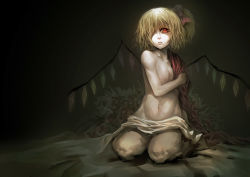 Rule 34 | 1girl, bad id, bad pixiv id, blonde hair, bow, breasts, flandre scarlet, hair bow, hair over one eye, highres, madcocoon, navel, nude, parted lips, red eyes, short hair, side ponytail, small breasts, solo, touhou, wings