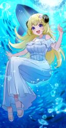 Rule 34 | 1girl, blonde hair, blush, breasts, bubble, crossed bangs, dress, fish, hair ornament, hairclip, hand up, high heels, highres, hololive, horns, impossible clothes, impossible dress, large breasts, leo (f mmmnkm paint), long dress, long hair, looking at viewer, open mouth, purple eyes, sandals, sheep horns, solo, strappy heels, teeth, toenails, toes, tsunomaki watame, underwater, upper teeth only, virtual youtuber, whale, white dress