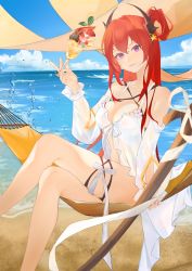 Rule 34 | 1girl, absurdres, amiya (arknights), arknights, beach, bikini, black bikini, breasts, chinese commentary, cleavage, closed mouth, commentary request, crossed legs, demon girl, demon horns, detached sleeves, feet out of frame, hair between eyes, hair rings, hammock, head tilt, highres, holding food, holding ice cream, horn ornament, horns, ice cream, large breasts, lips, long hair, looking at viewer, ocean, official art, oneniiiceday, purple eyes, red hair, ribbon, sitting, smile, solo, star ornament, surtr (arknights), surtr (colorful wonderland) (arknights), swimsuit, swimsuit cover-up, very long hair, water, water drop, white ribbon, white sleeves