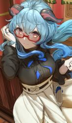 Rule 34 | 1girl, bag, black bow, black bowtie, black shirt, blue flower, blue hair, blush, bow, bowtie, bracelet, breasts, buttons, closed mouth, collared shirt, flower, flower bracelet, frills, ganyu (china merchants bank) (genshin impact), ganyu (genshin impact), genshin impact, glasses, goat horns, hair between eyes, hands up, horns, indoors, ippers, jewelry, long hair, long sleeves, looking at viewer, medium breasts, official alternate costume, ponytail, puffy long sleeves, puffy sleeves, purple eyes, shirt, sidelocks, skirt, smile, solo, standing, wall, white bag, white skirt