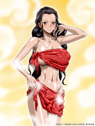 Rule 34 | 1girl, areola slip, bare shoulders, black hair, blush, breasts, collarbone, earrings, female focus, jewelry, large breasts, legs, long hair, looking at viewer, naked towel, navel, nel-zel formula, one piece, simple background, solo, standing, text focus, thighs, towel, viola (one piece), wet