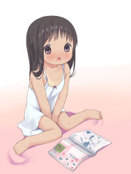 Rule 34 | 1girl, anyannko, bad id, bad pixiv id, barefoot, between legs, black hair, blush, book, brown eyes, camisole, child, feet, flat chest, hand between legs, highres, long hair, no pants, open mouth, original, sitting, solo, tan, tanline, wariza