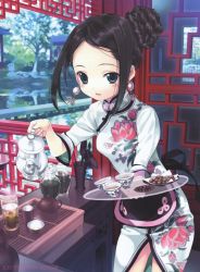 Rule 34 | 1girl, architecture, china dress, chinese clothes, cowboy shot, dress, east asian architecture, female focus, flower, green eyes, hair bun, indoors, plant, single hair bun, solo, standing, takeda hinata, teapot, waitress