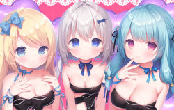 Rule 34 | 3girls, :o, balloon, black bow, black ribbon, blonde hair, blue bow, blue choker, blue eyes, blue hair, bow, breasts, choker, cleavage, closed mouth, collarbone, commentary request, copyright request, grey hair, hair between eyes, hair bow, hair ornament, hairclip, hand up, hands up, heart, heart balloon, highres, large breasts, long hair, looking at viewer, low twintails, multiple girls, naked ribbon, parted lips, pink background, red eyes, ribbon, sidelocks, small breasts, smile, star (symbol), star hair ornament, twintails, usashiro mani, very long hair, virtual youtuber