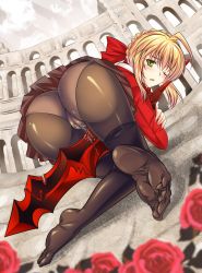 Rule 34 | 10s, 1girl, absurdres, all fours, ass, black pantyhose, blonde hair, blush, cameltoe, fate/extra, fate (series), feet, female focus, flower, foot focus, from behind, green eyes, highres, knees together feet apart, looking at viewer, looking back, nero claudius (fate), nero claudius (fate) (all), nero claudius (fate/extra), no shoes, open mouth, panties, panties under pantyhose, pantyhose, pussy juice, skirt, soles, solo, sword, tempuru, toe scrunch, toes, underwear, upskirt, weapon
