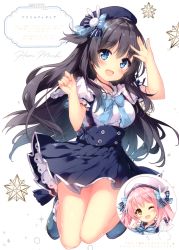 Rule 34 | 1girl, absurdres, black hair, blue bow, blue eyes, blue footwear, blush, bow, breasts, buttons, dress, fingernails, full body, hands up, highres, looking at viewer, medium breasts, mochizuki shiina, open mouth, original, puffy short sleeves, puffy sleeves, scan, shiny skin, shoes, short dress, short sleeves, simple background, smile, socks, white legwear