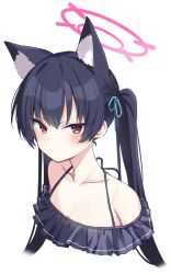 Rule 34 | 1girl, animal ear fluff, animal ears, bare shoulders, bikini, black bikini, black hair, blue archive, blush, breasts, cat ears, closed mouth, collarbone, frilled bikini, frills, hair between eyes, halo, highres, long hair, looking at viewer, murase48, official alternate costume, pink halo, red eyes, serika (blue archive), serika (swimsuit) (blue archive), simple background, small breasts, solo, swimsuit, twintails, upper body, white background