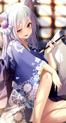Rule 34 | 1girl, animal ear fluff, animal ears, blue kimono, blue nails, blurry, blurry background, chita (ketchup), commentary request, depth of field, fang, feet out of frame, fingernails, floral print, fox ears, fox girl, fox tail, grey hair, hair between eyes, hakama, hakama short skirt, hakama skirt, highres, holding, holding smoking pipe, japanese clothes, kimono, kiseru, long fingernails, long sleeves, looking at viewer, nail polish, original, panties, parted lips, print kimono, purple hakama, red eyes, short eyebrows, signature, sitting, skirt, smile, smoking pipe, solo, tail, thick eyebrows, underwear, white panties, wide sleeves