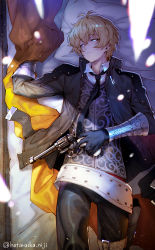 Rule 34 | 1boy, absurdres, ahoge, bed, belt, billy the kid (fate), black gloves, blonde hair, blue eyes, bracer, collared shirt, cowboy shot, fate/grand order, fate (series), gloves, gun, hair between eyes, highres, holding, holding weapon, hotaruika niji, light particles, long sleeves, lying, male focus, necktie, on back, pants, pillow, scarf, shirt, smile, solo, sunlight, upper body, weapon