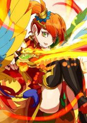 Rule 34 | 1girl, bad id, bad pixiv id, bird tail, bird wings, black thighhighs, china dress, chinese clothes, circlet, dress, earrings, feathered wings, fire, gradient hair, green eyes, holding, holding sword, holding weapon, jewelry, leilan (p&amp;d), leiran (p&amp;d), long hair, multicolored hair, orange hair, over-kneehighs, puzzle &amp; dragons, red dress, red hair, short dress, side ponytail, solo, sword, tail, thighhighs, weapon, wings, yamanashi taiki