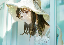 Rule 34 | 1girl, brown eyes, brown hair, closed mouth, dress, et atr3, hand up, hat, highres, indoors, looking at viewer, medium hair, original, sleeveless, sleeveless dress, smile, solo, standing, sun hat, white dress, window