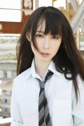 Rule 34 | 1girl, akiyama rina, brown eyes, brown hair, female focus, photo (medium), school uniform, solo