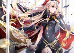 Rule 34 | 1girl, absurdres, asymmetrical sleeves, blonde hair, blush, bow, breasts, c.reo, cape, detached collar, earrings, ereshkigal (fate), fate/grand order, fate (series), fur-trimmed collar, fur trim, gold trim, hair bow, highres, holding, holding sword, holding weapon, huge filesize, jewelry, long hair, looking at viewer, medium breasts, parted bangs, red bow, red cape, red eyes, single sleeve, skull, solo, sword, thighhighs, tiara, two side up, uneven sleeves, weapon