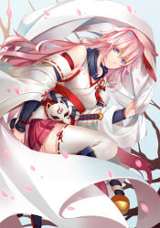 Rule 34 | 1girl, animal ears, bare shoulders, blue eyes, boots, breasts, detached sleeves, fox ears, fox mask, hair between eyes, honkai (series), honkai impact 3rd, iceky, japanese clothes, katana, kimono, knee boots, long hair, looking at viewer, mask, medium breasts, nontraditional miko, obi, petals, pink hair, pleated skirt, rabbit ears, ribbon-trimmed legwear, ribbon-trimmed sleeves, ribbon trim, sash, sheath, sheathed, short kimono, simple background, skirt, smile, solo, sword, thighhighs, thighs, weapon, white thighhighs, wide sleeves, yae sakura, yae sakura (gyakushinn miko), zettai ryouiki