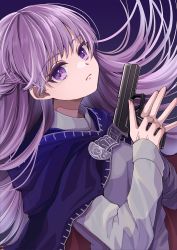 Rule 34 | 1girl, absurdres, baggy clothes, blue cape, blue dress, braid, cape, commission, commissioner upload, dress, expressionless, fire emblem, fire emblem: the binding blade, french braid, gun, highres, holding, holding gun, holding weapon, long hair, looking at viewer, nintendo, purple eyes, purple hair, solo, sophia (fire emblem), standing, weapon, yoshiki1020