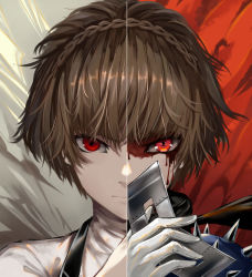Rule 34 | 1girl, absurdres, angry, blood, blood on face, braid, brown hair, closed mouth, crown braid, gloves, glowing, glowing eye, highres, holding, holding mask, huijin zhi ling, looking at viewer, mask, unworn mask, niijima makoto, persona, persona 5, portrait, red eyes, scarf, short hair, shoulder spikes, solo, spikes, turtleneck, v-shaped eyebrows