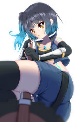 Rule 34 | 1girl, blue hair, chest jewel, glowing lines, hammer, high tops, highres, leggings, okazu2010015, pantyhose, rirusu, sena (xenoblade), shoulder strap, simple background, skindentation, sneakers, solo, sports bra, thighs, white background, xenoblade chronicles (series), xenoblade chronicles 3, yellow eyes