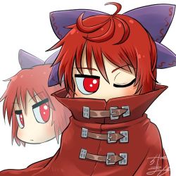 Rule 34 | 1girl, ahoge, profile picture, blue bow, bow, buckle, cape, chamaji, cloak, disembodied head, hair between eyes, hair bow, high collar, looking at viewer, lowres, multiple heads, nukekubi, one eye closed, red cape, red cloak, red eyes, red hair, sekibanki, short hair, signature, solo, touhou, upper body, white background