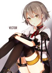 Rule 34 | 1girl, black gloves, black skirt, black thighhighs, character name, girls&#039; frontline, gloves, grey hair, grey shirt, knees up, leafwow, looking at viewer, parted lips, puffy short sleeves, puffy sleeves, shirt, short hair, short sleeves, sitting, skirt, solo, thigh strap, thighhighs, thighs, tsurime, vector (girls&#039; frontline), yellow eyes