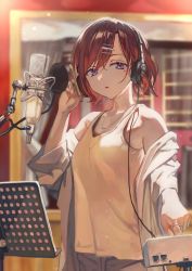 Rule 34 | 1girl, blurry, blurry background, brown hair, cable, cardigan, expressionless, hair ornament, hairclip, headphones, highres, higuchi madoka, idolmaster, idolmaster shiny colors, instrument, jewelry, keyboard (instrument), microphone, mirror, mole, mole under eye, necklace, open mouth, otsudou, parted lips, purple eyes, sheet music, short hair, tank top