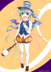 Rule 34 | 1girl, alternate costume, artist name, bat wings, black vest, blush, bow, bowtie, brown footwear, candy, fangs, food, full body, green eyes, grey hair, halloween, halloween costume, hat, lollipop, long hair, long sleeves, looking at viewer, makuwauri, mononobe no futo, open mouth, pantyhose, ponytail, puffy pants, purple bow, purple bowtie, shirt, shoes, solo, top hat, touhou, vest, waistcoat, white pantyhose, white shirt, wings